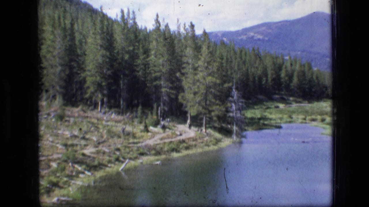 1973 8mm view of a Scapegoat Wilderness mountain lake, evergreen shoreline, rough path, fallen timber, and distant Montana mountains.