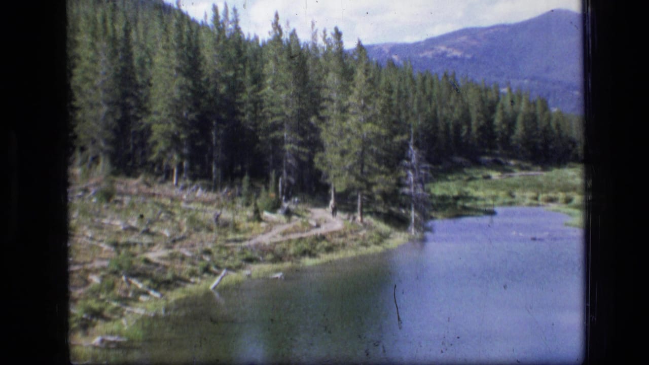 1973 8mm view of Scapegoat Wilderness, Montana, showing a calm lake, evergreen shoreline, hillside forest, and distant mountains.