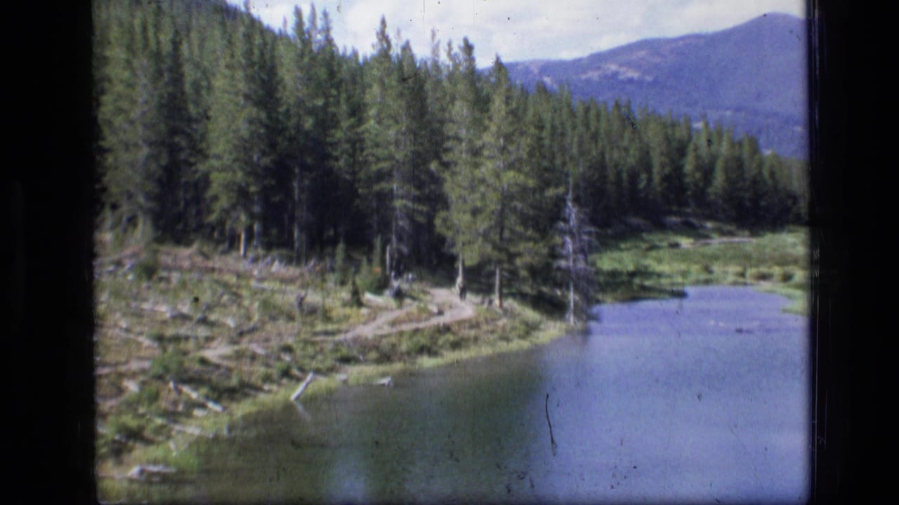 1973 8mm view of a calm river winding past evergreen forest in Scapegoat Wilderness, Montana, with mountains beyond.