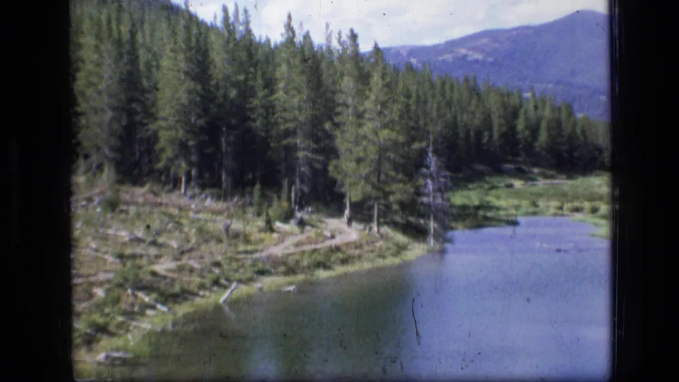 Scapegoat Wilderness shoreline on 8mm film, showing dense conifers, shallow water, a small path, scattered logs, and mountain slopes.