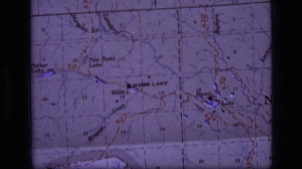 1973 8mm close-up of a Scapegoat Wilderness, Montana map section showing Webb Lake, Heart Lake, contour lines, and route markings.