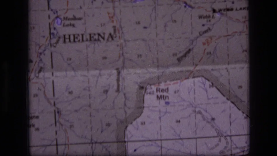 Close 8mm view of the Scapegoat Wilderness area map, with Helena, Red Mtn, Webb Lake, contour detail, and frame-edge darkness.