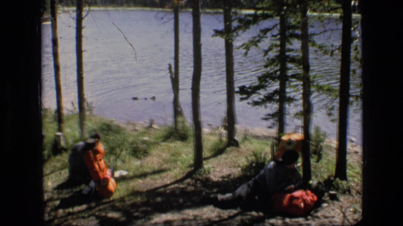 1973 Montana wilderness home-movie frame showing two distant hikers with orange packs resting near water among tall pine trunks.
