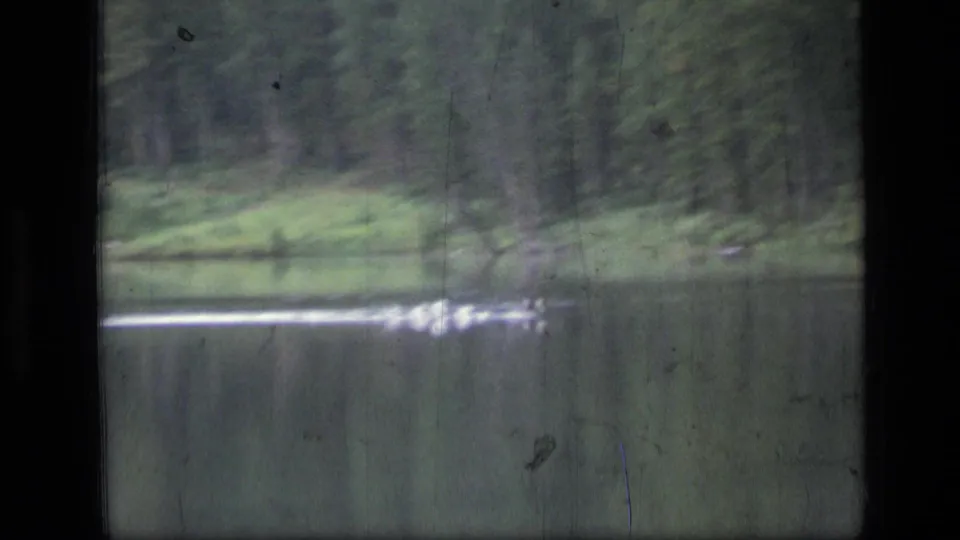 1973 8mm Scapegoat Wilderness frame showing a calm forest lake with a pale bird or wake moving across the water.
