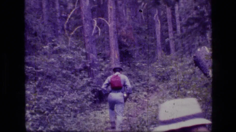 A hiker with a red backpack walks deeper into the Scapegoat Wilderness forest, with another hiker's hat partly visible in the foreground.