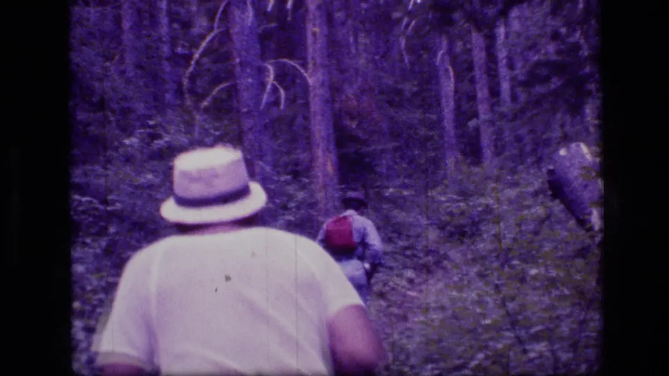 A hiker in a pale brimmed hat and white shirt follows a red-pack hiker through a shaded Montana forest trail.