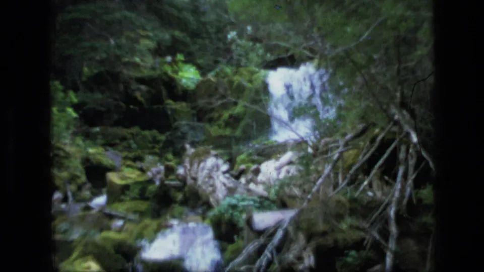 A forest waterfall runs over moss-covered rocks in the Montana wilderness, filmed on vintage 8mm stock.