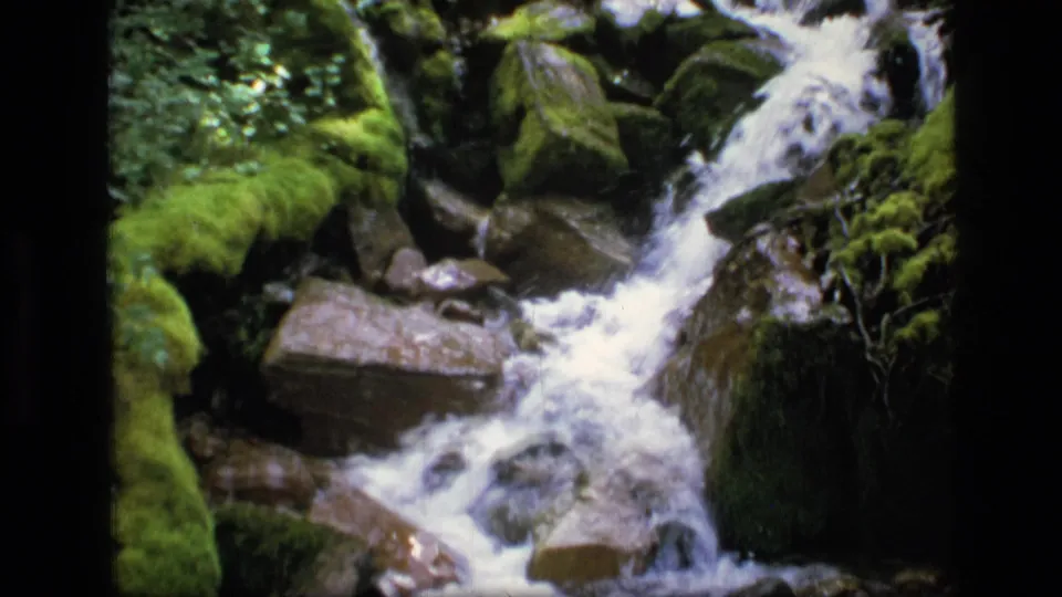 1970s 8mm footage shows a narrow cascade flowing between boulders and moss in a wooded Montana hillside creek.