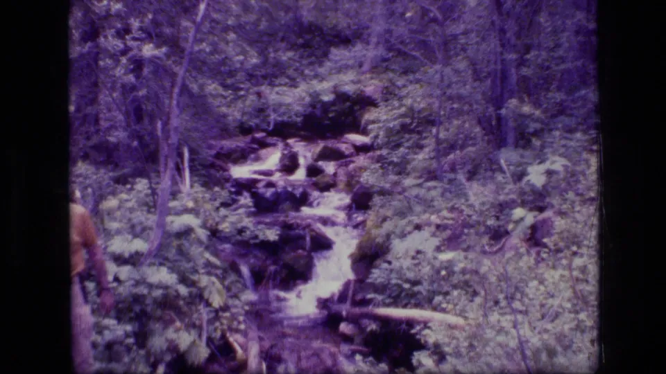 1973 8mm view of a rocky forest stream in Scapegoat Wilderness, Montana, with a partial visitor figure at the left edge.