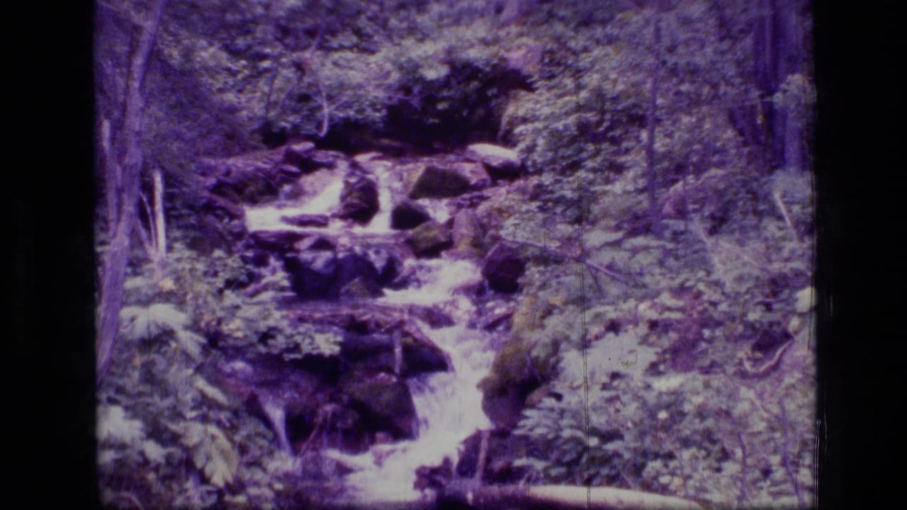 Rocky stream cascade in Scapegoat Wilderness, Montana, seen in purple-shifted 1973 8mm home-movie footage.