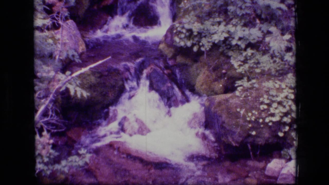 8mm home-movie view of a rocky Scapegoat Wilderness stream, with bright water and mossy banks under a purple film cast.