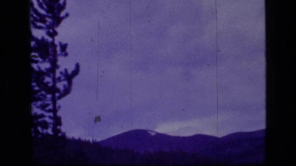 8mm home-movie frame from Montana with left-edge pine branches, shadowed foothills, and a rounded mountain ridge beneath a bluish cloudy sky.