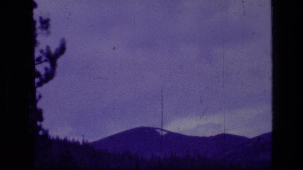 1973 8mm view of a distant mountain ridge in Scapegoat Wilderness, seen through dark pine trees with purple color shift.