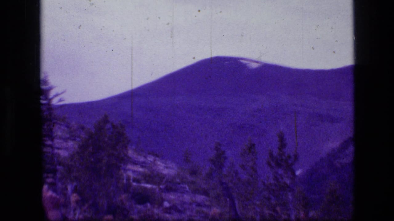 Snow-dusted mountain slope rises above pine trees and rocky terrain.