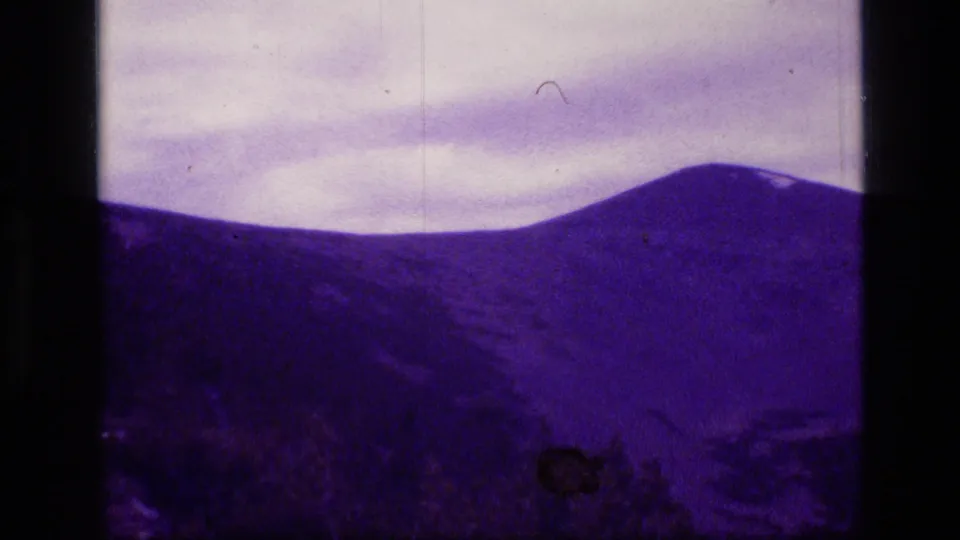 Purple-toned 8mm landscape of a broad Montana ridge, cloudy sky, and sparse foreground vegetation.