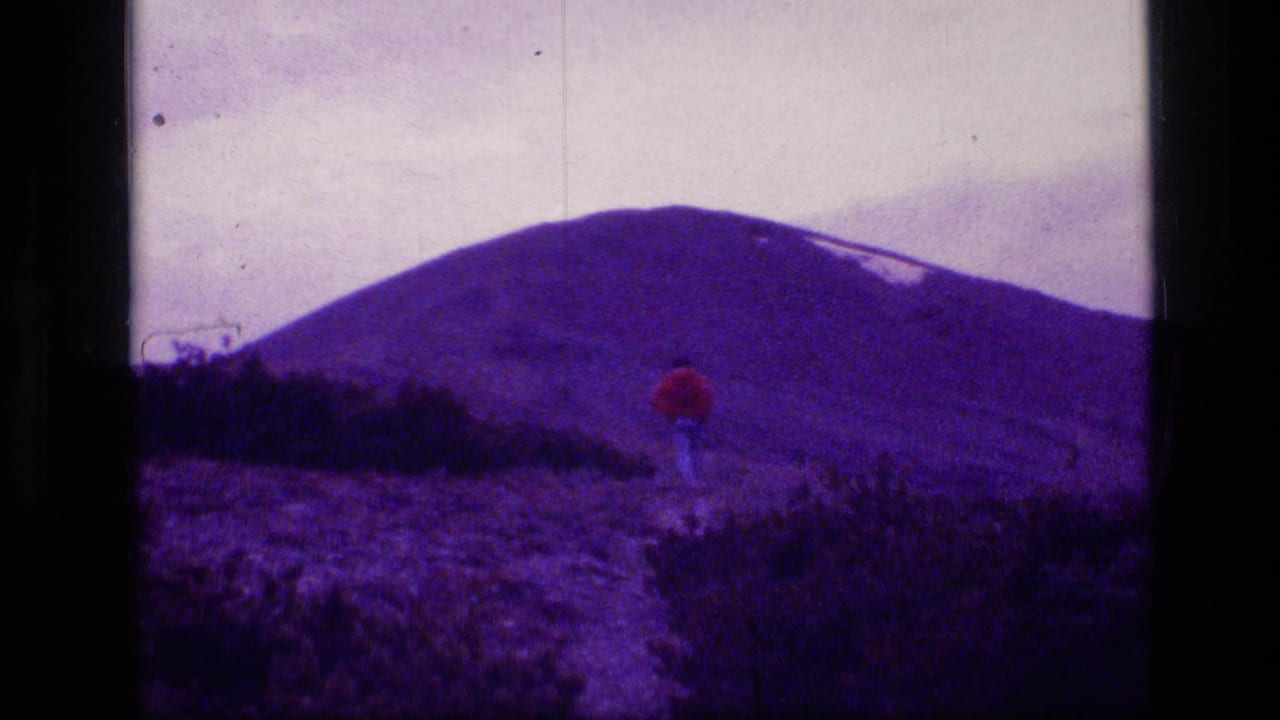 The hiker remains distant on the open mountain trail, framed by shrubs, ridge line, and color-shifted 8mm film edges.