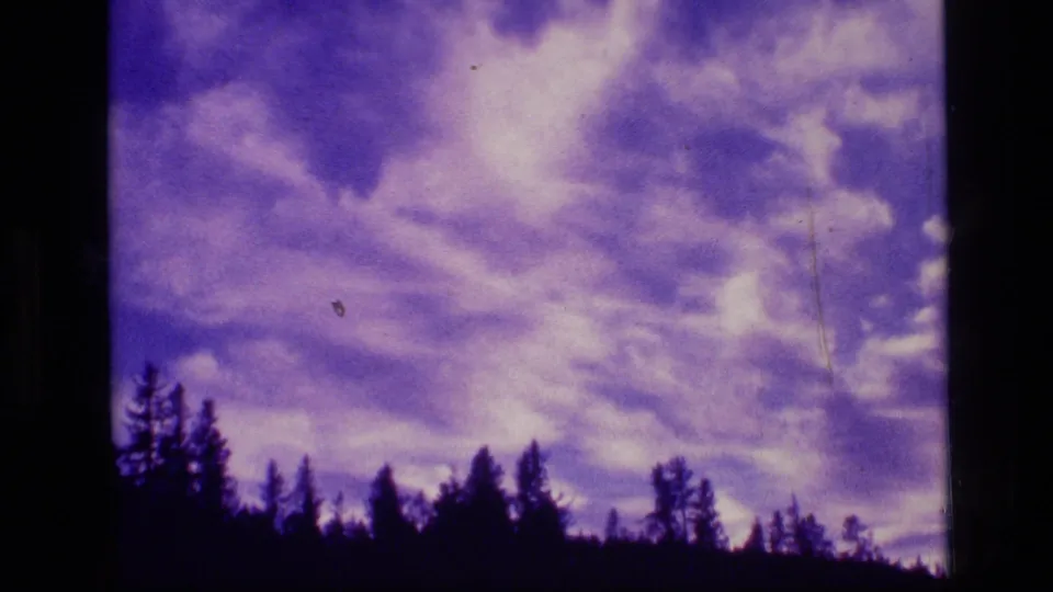 1973 Montana 8mm frame with dark treetops silhouetted against a purple, cloud-filled sky.