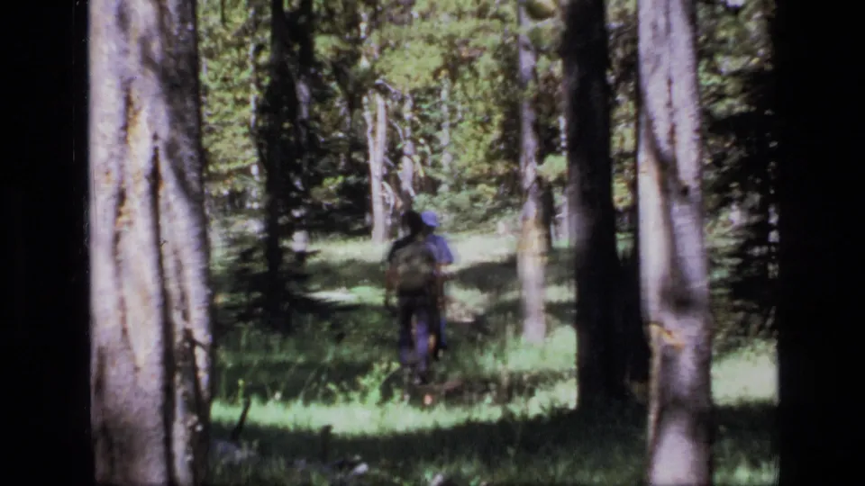 A distant backpacked hiker walks through sun-dappled Montana forest, seen from behind in 1973 8mm footage.