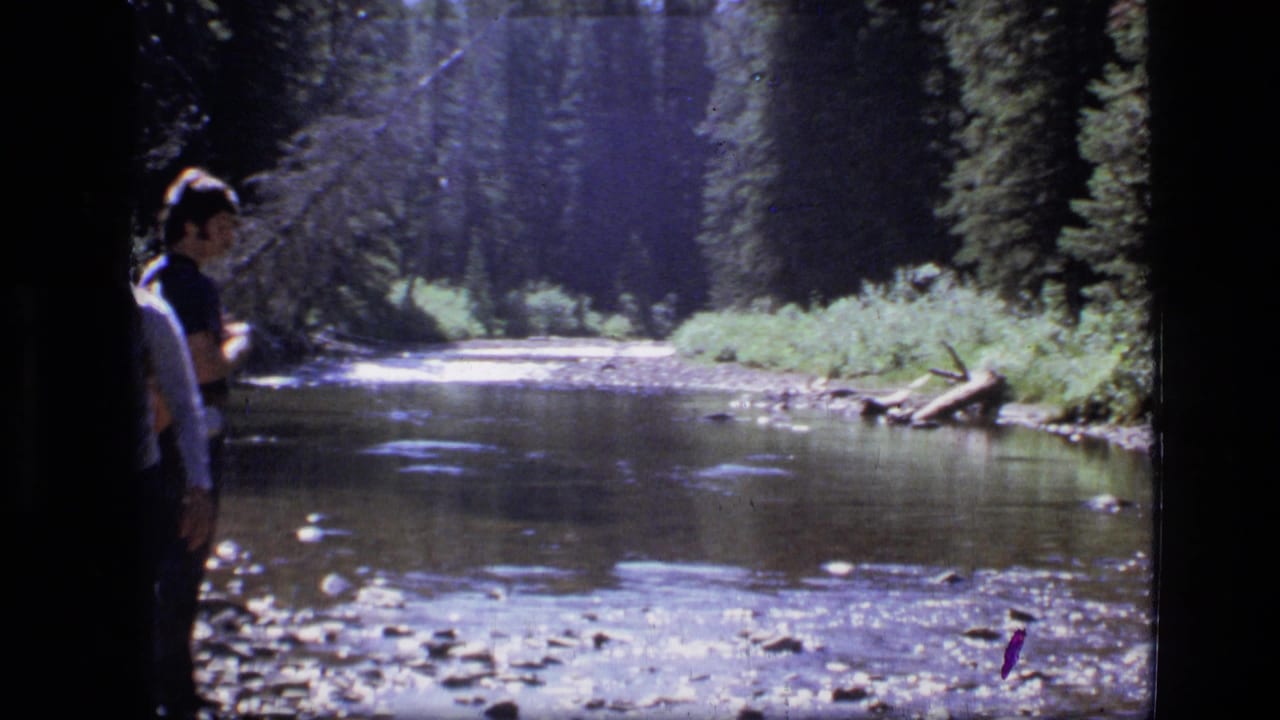 Two people stand at the left edge beside a shallow rocky river in a pine forest.