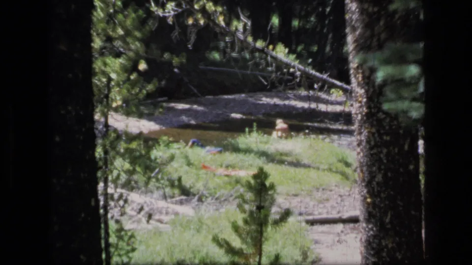 A 1973 8mm frame shows distant people in blue, red, and yellow clothing near a stream in a Montana forest clearing.