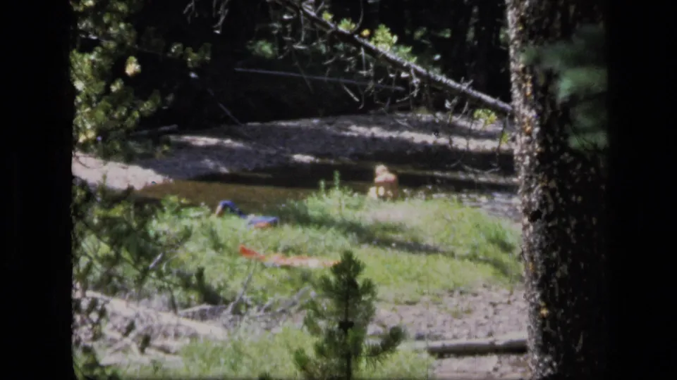 A man sits across a narrow creek in the Scapegoat Wilderness, with blue and red fabric visible on the sunlit grass.