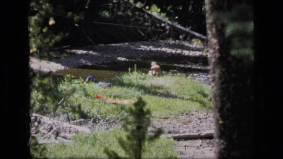 Final frame shows the creekside rest scene through tree trunks, with the distant man and nearby fabric still visible.