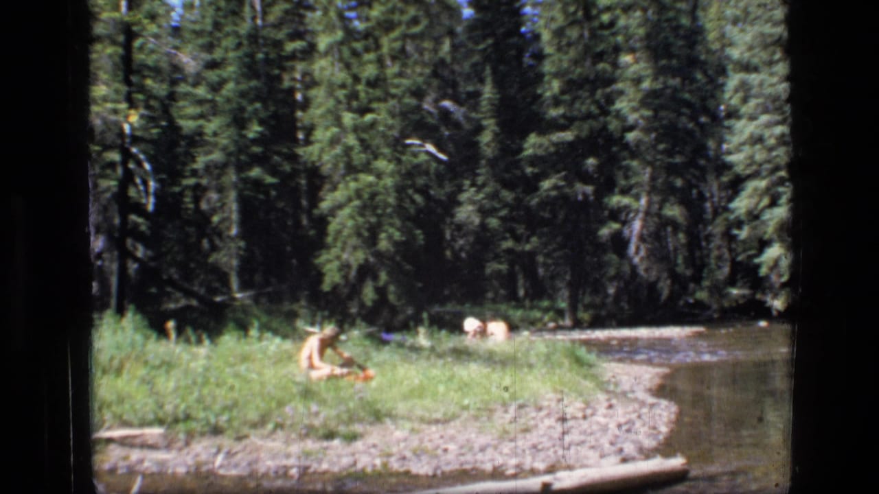 Child seated on the shore with river water, forest, and distant figure behind.