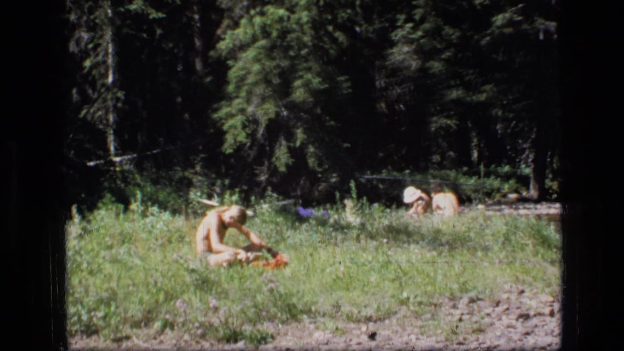 Two campers sit in grass near a pine forest and rocky creek area.