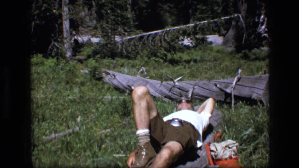Adult man reclines in a grassy Montana forest clearing, partly obscured by the frame edge and nearby log.