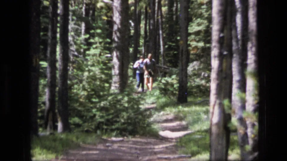 Two distant hikers walk along a narrow forest path in Scapegoat Wilderness, Montana, in 1973 home-movie footage.