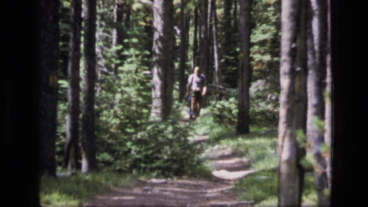 Adult man in light shirt and dark shorts walks along a forest trail in Scapegoat Wilderness, Montana, in 1973.