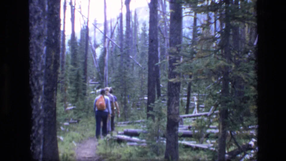 Friends appear farther down the Scapegoat Wilderness trail, filmed from behind with soft 1970s 8mm color and grain.