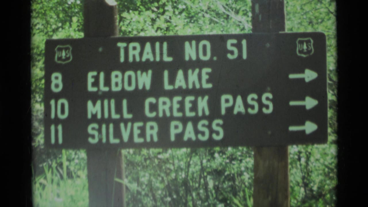 Trail No. 51 sign pointing to Elbow Lake, Mill Creek Pass, and Silver Pass in trees.