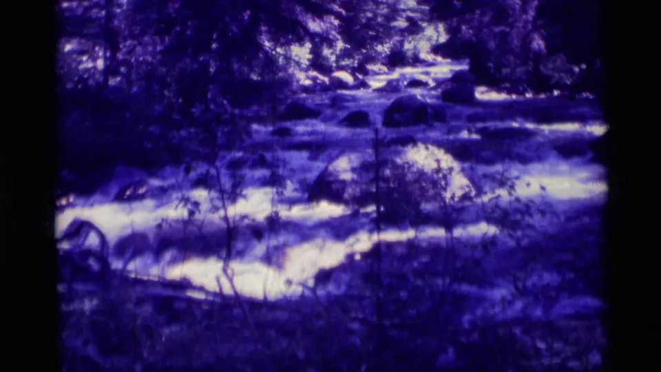 1975 Montana home-movie frame with turbulent water, foreground brush, and rocks in a forested ravine.
