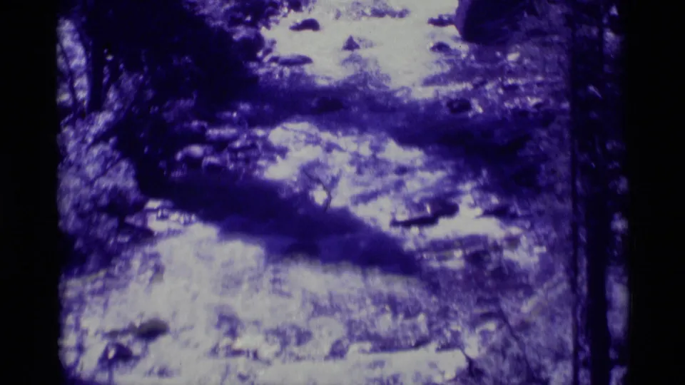 Blue-purple 8mm frame of a rocky Montana stream, with bright current, scattered stones, and a fallen log near the water.