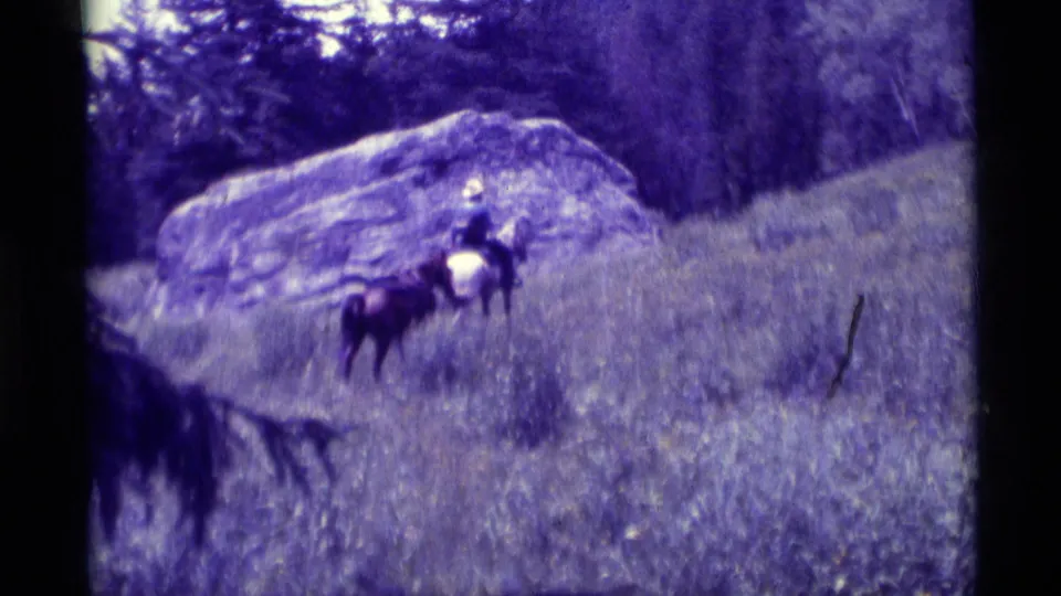 In Agate Springs, Montana, a rider on horseback appears near a second horse on a grassy slope by trees and a large rock.
