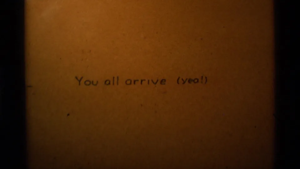 Handwritten message card on a brown background reads 'You all arrive (yep!)', closing the 1975 home-movie wildlife clip.