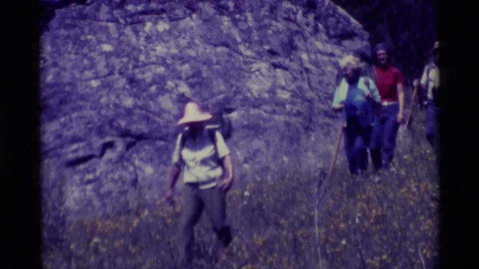 1975 Agate Springs, Montana home-movie frame showing four hikers on a wildflower-dotted hillside with a rock face behind them.