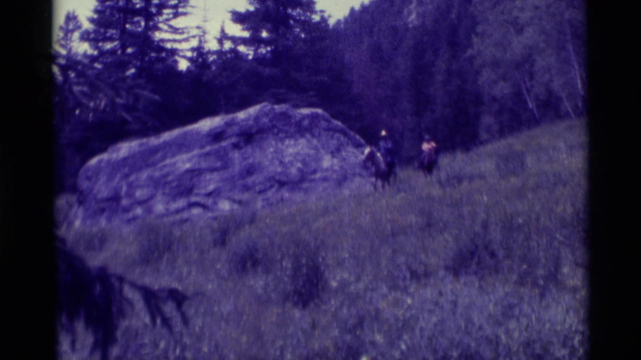Two distant horseback riders near a large boulder on a grassy hillside.
