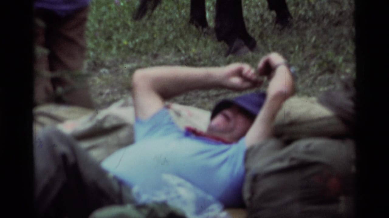 Man in blue shirt and cap lies on a blanket in grass with arms raised near his face.