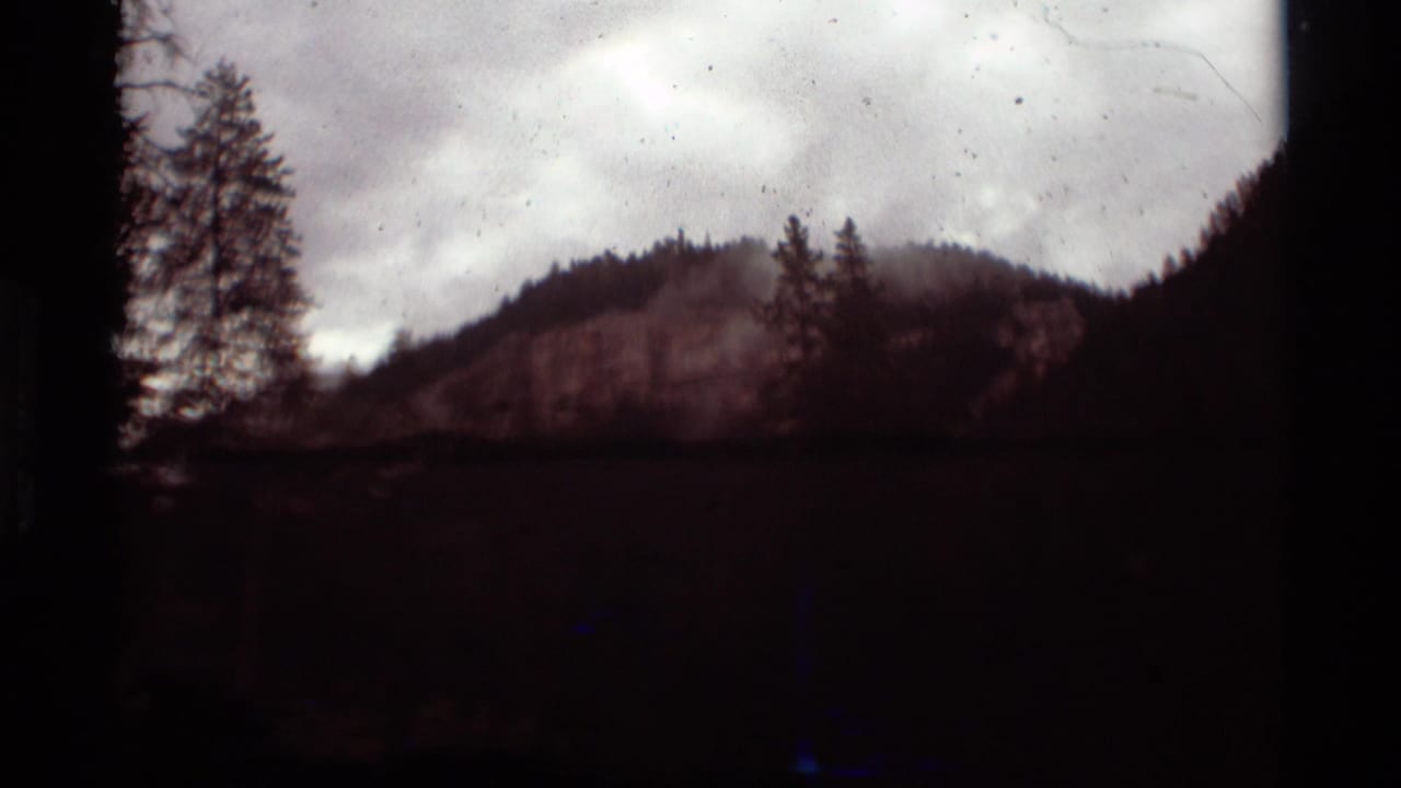 Dark forested hillside beneath a cloudy sky with heavy 8mm frame borders.