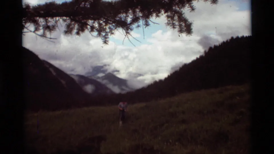1975 Agate Springs, Montana 8mm frame looking past pine branches toward a cloudy mountain valley and a distant person in a meadow.