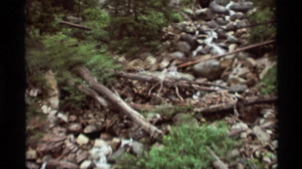 Archival 1975 8mm view of a rocky Montana creek bed with white water, logs, and surrounding conifer growth.