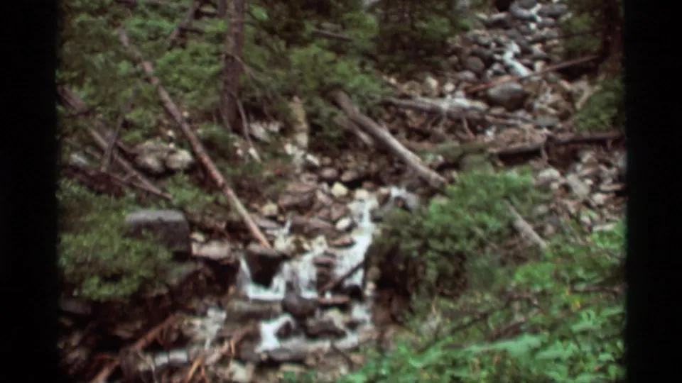 A narrow rocky stream in a Montana forest, seen in soft 1975 8mm home-movie color.