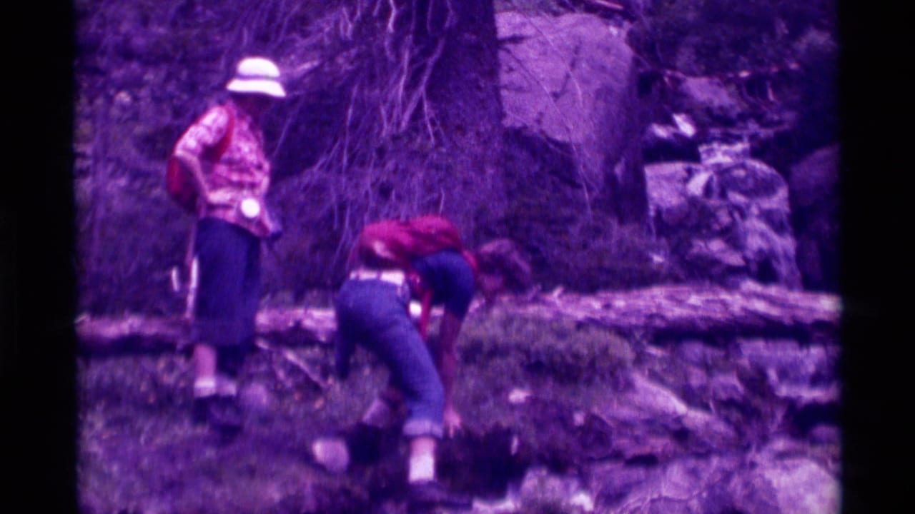 1975 8mm footage from Agate Springs, Montana, showing two fieldwork figures beside a fallen log in a forested stream bed.