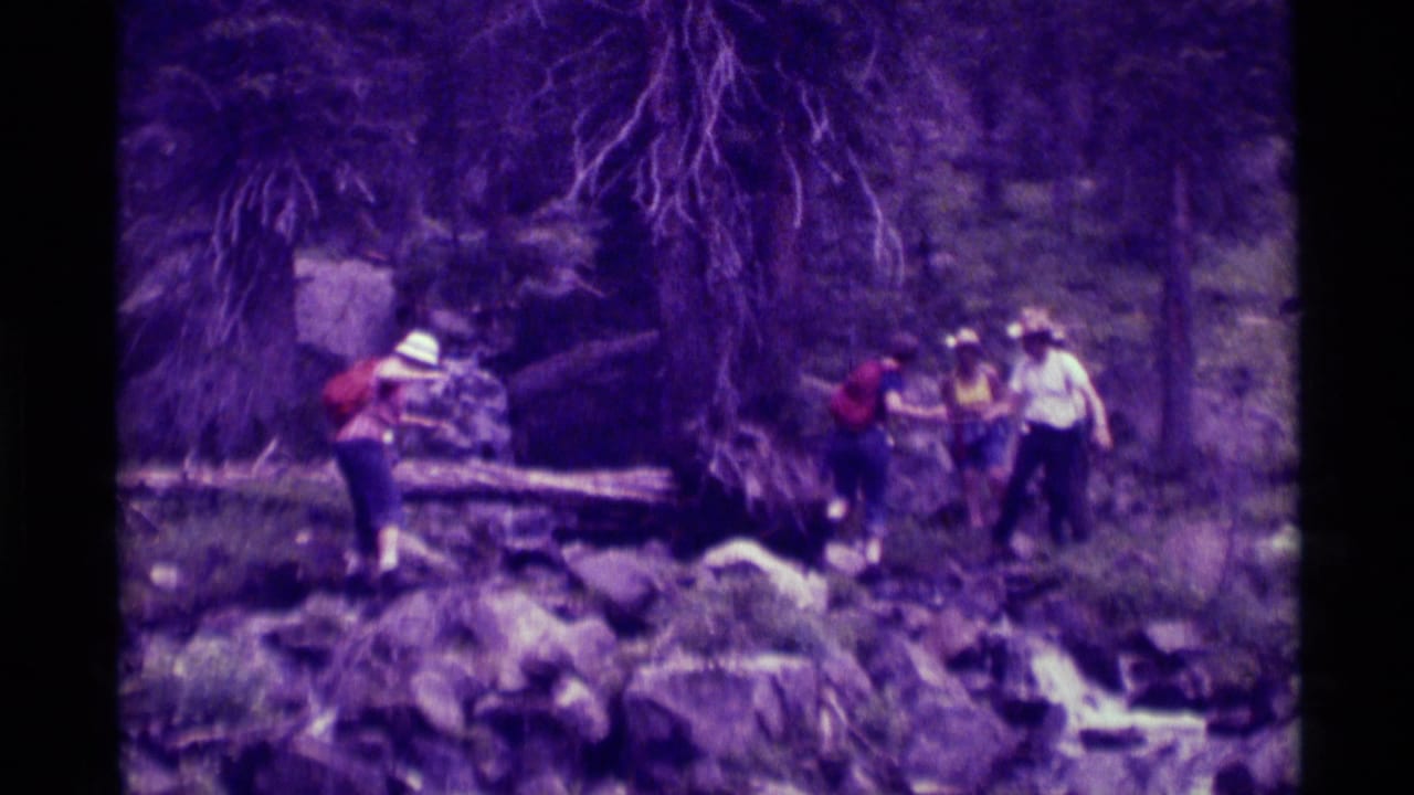 Hikers in hats and backpacks walk near a fallen log beside rocks and a small stream.