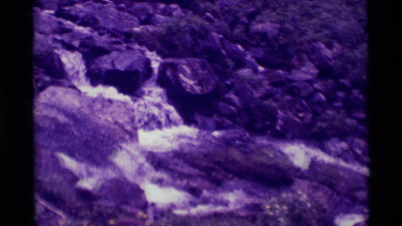 Rocky stream water flowing over dark stones with a strong purple film cast.