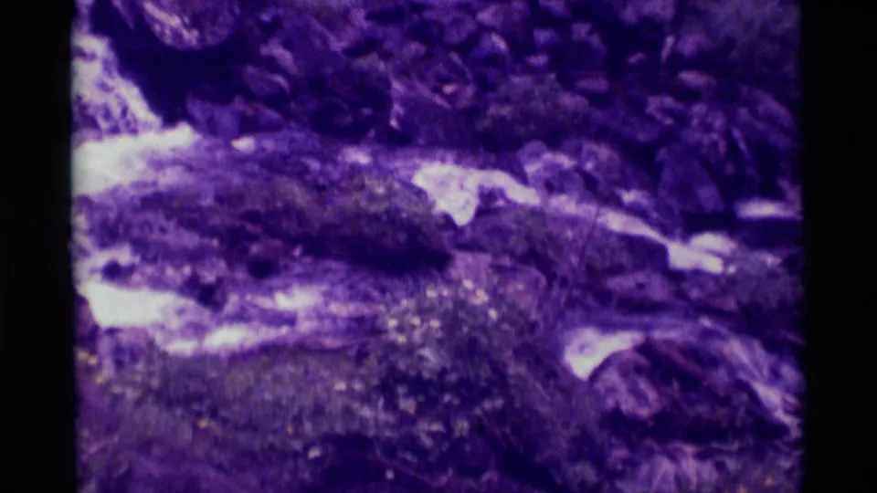 Purple-tinted 8mm frame of a rocky stream near Agate Springs, Montana, with bright water crossing dark stones.
