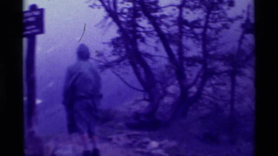 A poncho-wearing hiker walks away along a foggy Agate Springs area trail, with trees and a signpost softened by 8mm grain.
