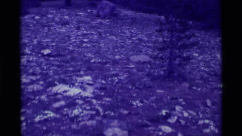 1975 Agate Springs, Montana frame showing rough ground and scattered stones, with the home-movie image softened by grain and purple tinting.